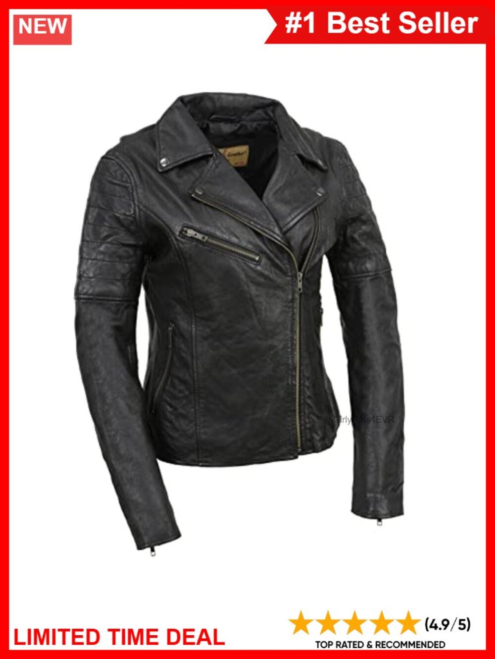 Women's Vintage Biker Leather Jacket Asymmetrical Zip Side Laced Moto Coat